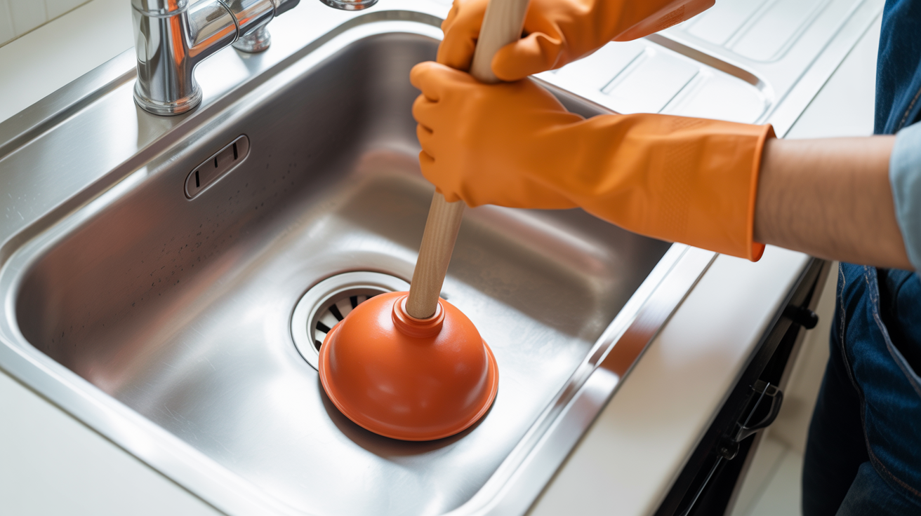 Plunger being used to unclog sink drain
