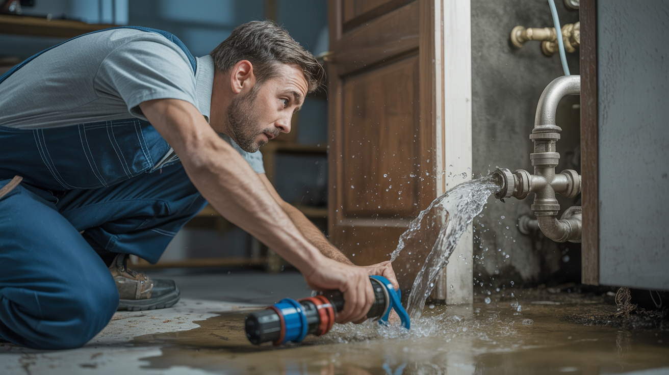 Emergency plumber responding to burst pipe