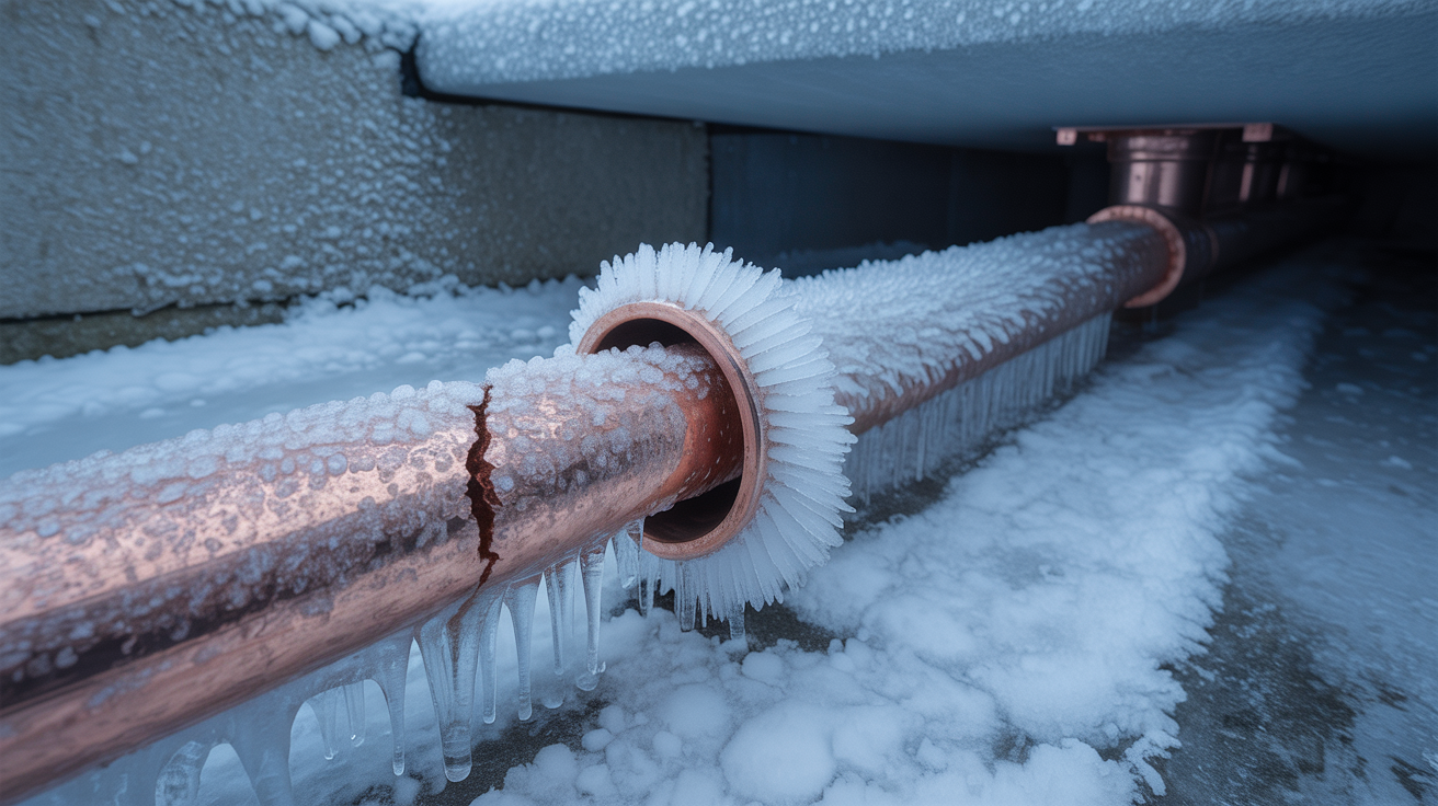 Frozen pipe with ice crystals in winter