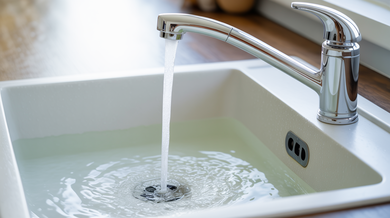 Clean water flowing from kitchen faucet