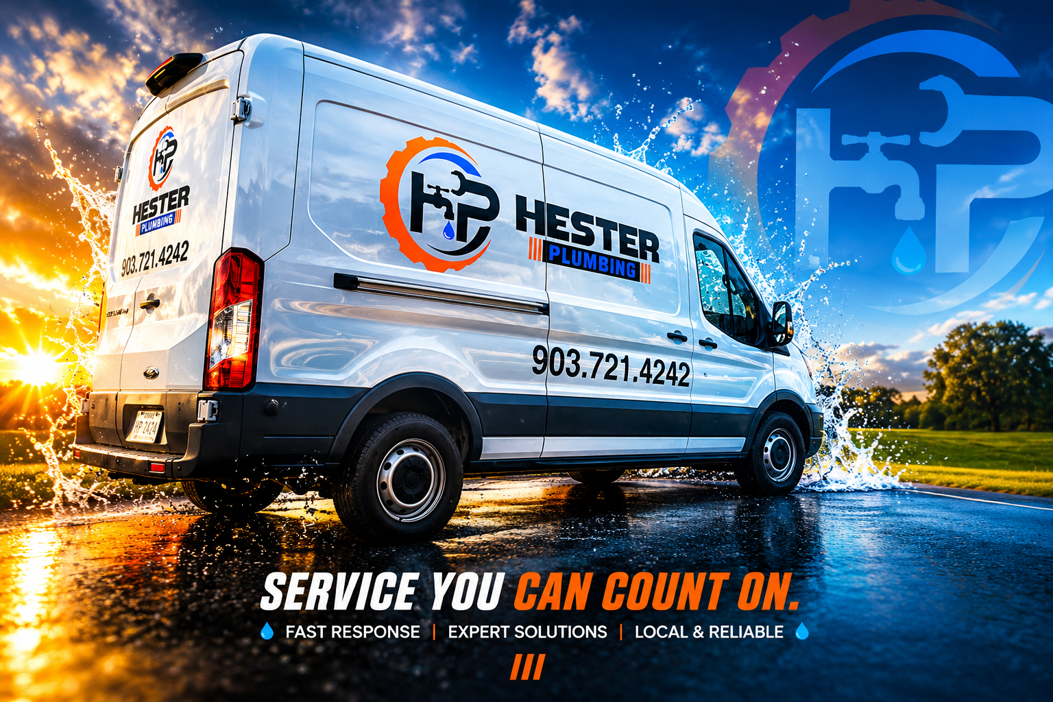 Hester Plumbing service van with Service You Can Count On message